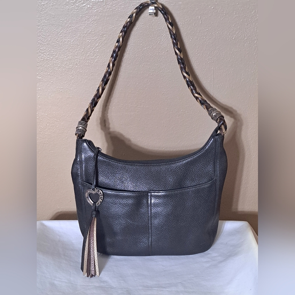 Brighton BARBADOS Black Pebbled Leather Hobo Braided Strap Shoulder Bag EUC